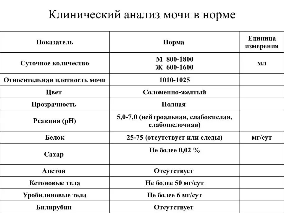 Результат мочи норма у женщин таблица