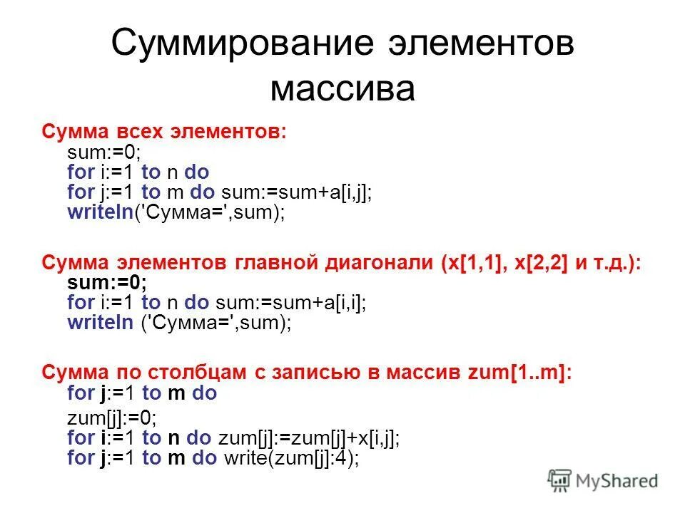 Массив суммы элементов паскаль программа. Суммирование массива. сумма элементов массива. просуммировать элементы массива паскаль. массив в паскале.