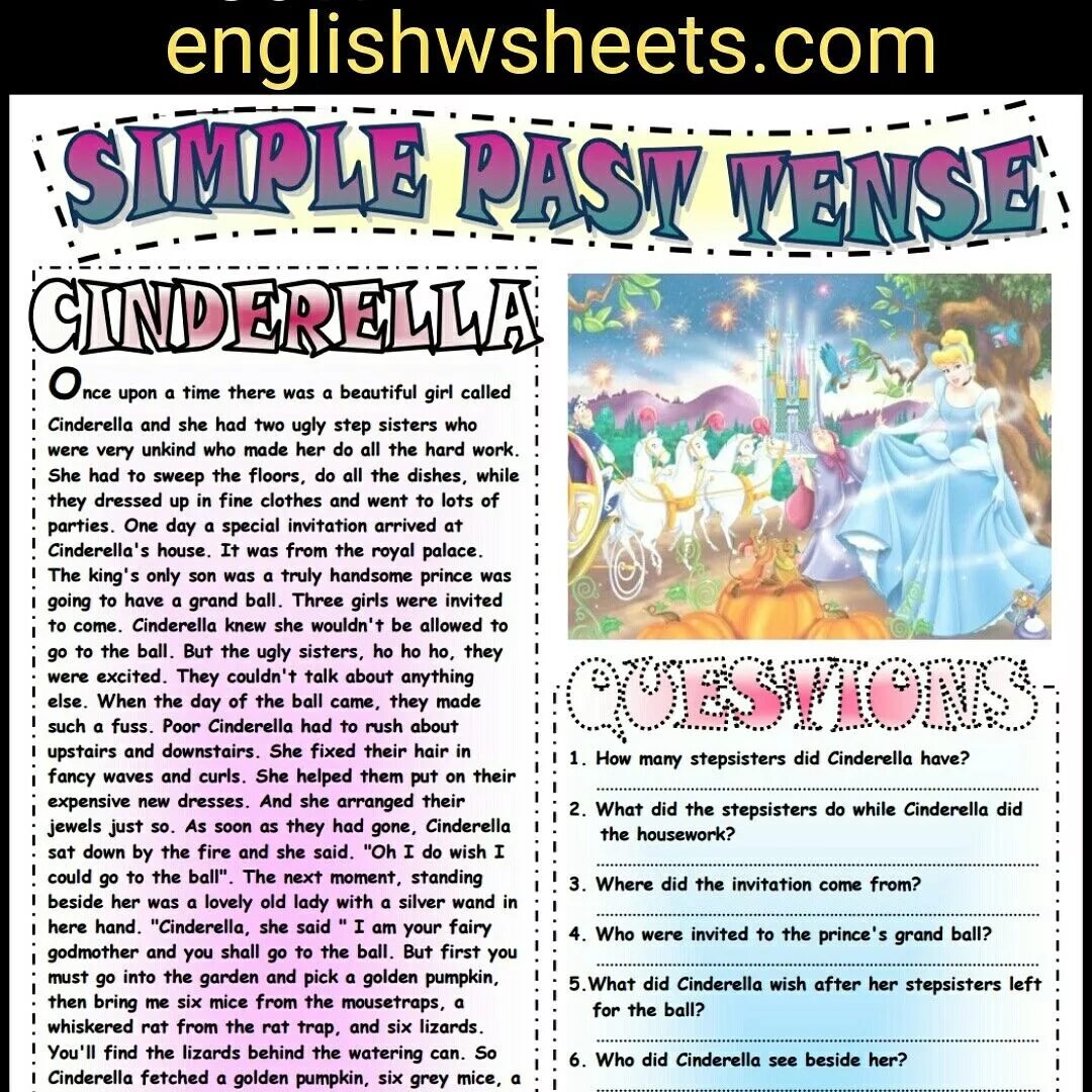 Fairy Tales in English for Kids. Past simple Cinderella. Past simple Fairy Tales for Kids. Fairy Tales in English exercises.