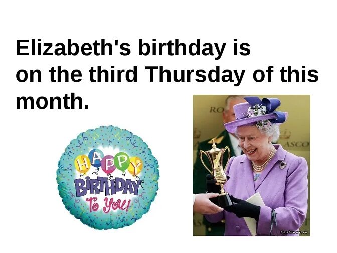 This month s. Английская скороговорка Elizabeth Birthday. Elizabeth's Birthday is on the third Thursday of this month. Elizabeth's Birthday tongue Twister. [Θ] Elizabeth's Birthday is on the third Thursday of this month. Перевод.