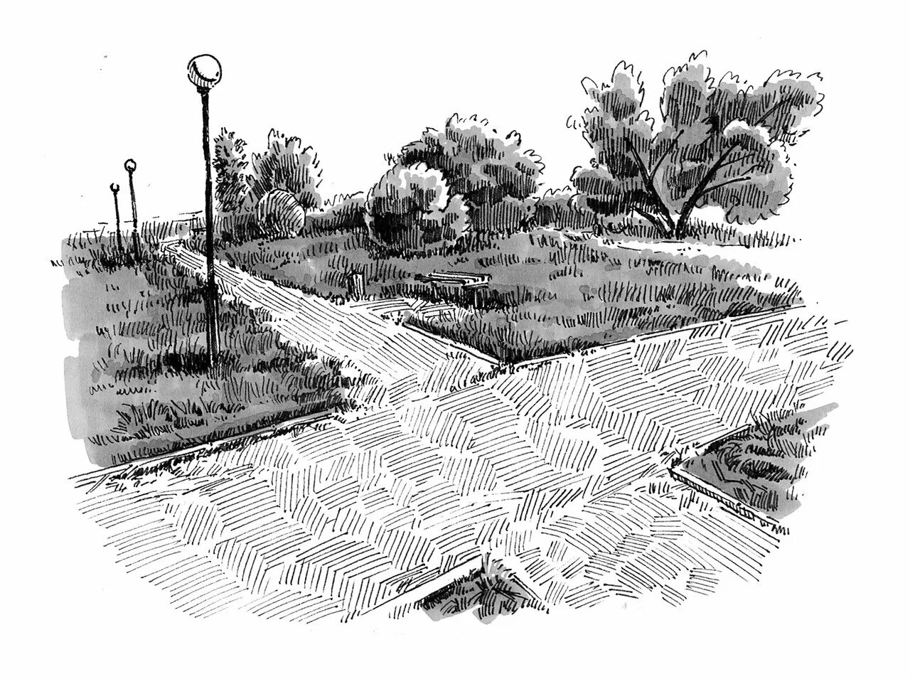 Графика в объеме рисунки. Тропинка линером. Пейзаж линером трава. Пейзаж графический рисунок линером. Графика линером линии.