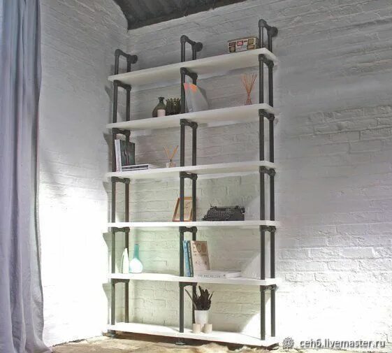 Стеллаж деревянный Industrial pipe shelves, Pipe shelves, Industrial bookshelf