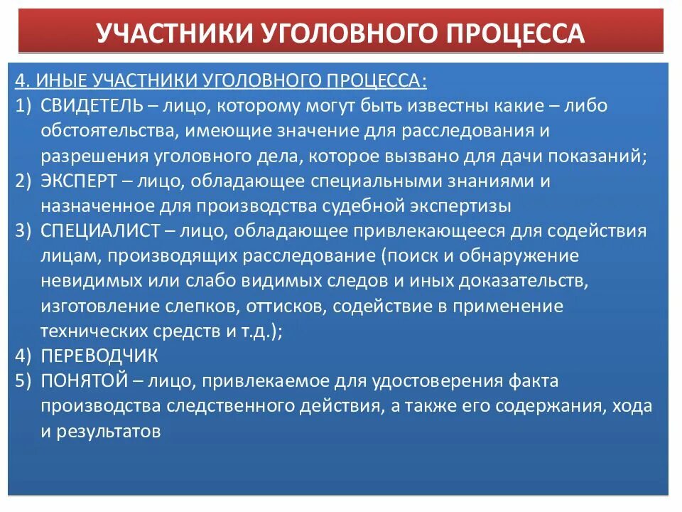 Участников уголовного судопроизводства а также. Участники уголовного процесса. Иные участники уголовного процесса. Участинкиуголовного процесса. Процессуальное положение иных участников уголовного процесса.