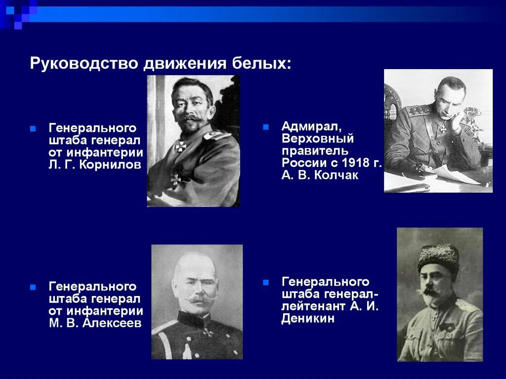 Укажите фамилию предводителя наиболее крупного народного движения. Лидеры белой армии в гражданской войне. Лидеры белой армии 1917. Генералы и предводители белого движения в гражданской войне.