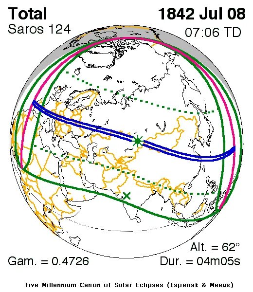 Солнечное затмение 8 июля 1842 года. Total Solar Eclipse 15 Jul. Jacob alt - the Solar Eclipse on July 8, 1842. Карта солнечного затмения 8 апреля