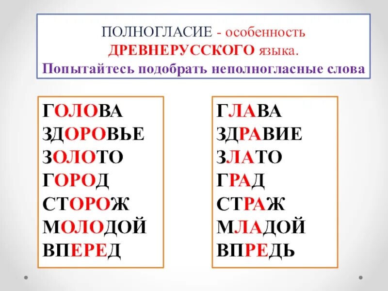 Подобрать слова с полногласными. Полногласные и неполногласные слова. Чередование полногласных и неполногласных сочетаний. Полногласие и неполногласие в древнерусском языке. Полногласное сочетание в корне.