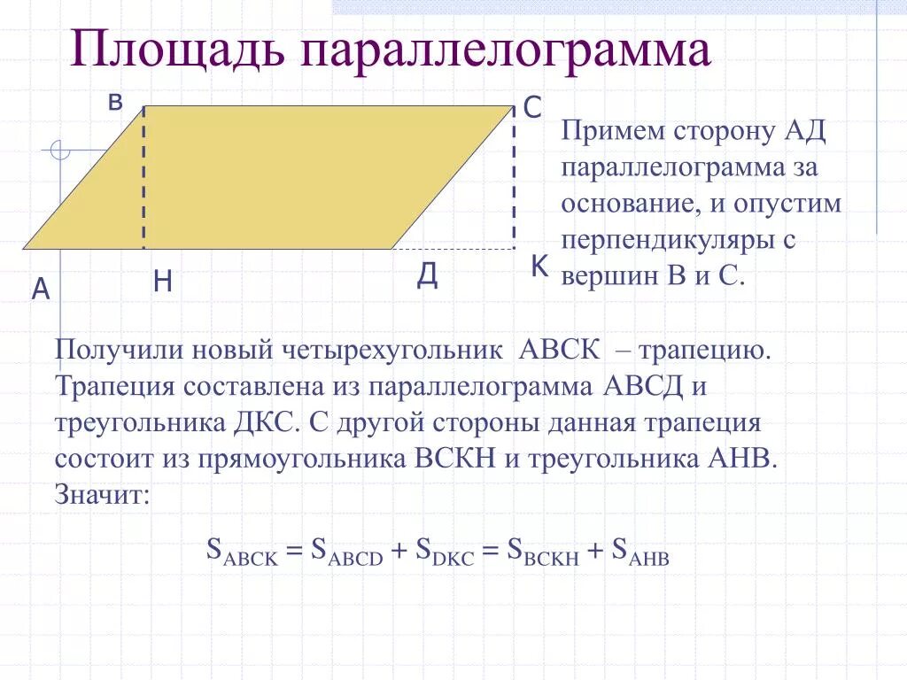 Как найти высоту параллелограмма зная стороны. Площадь параллелограмма АВСД формула. Теорема о площади параллелограмма. Площадь параллелограмма по стороне и высоте. Нахождение площади параллелограмма с высотой.