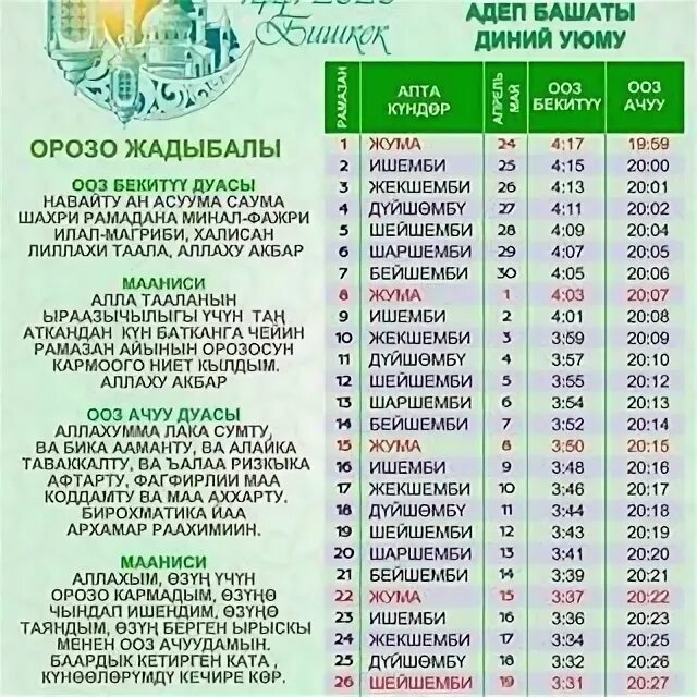 Ооз бекитүү дубасы кыргызча. Календарь Орозо 2021 Бишкек. Календарь Орозо 2022 Бишкек. Орозо Рамазан. Орозо календарь Бишкек.