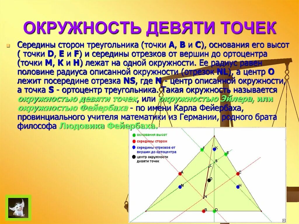 Середина стороны треугольника является точка. Прямая Эйлера окружность 9 точек. Окружность девяти точек. Окружность 9 точек. Прямая Эйлера и окружность девяти точек.