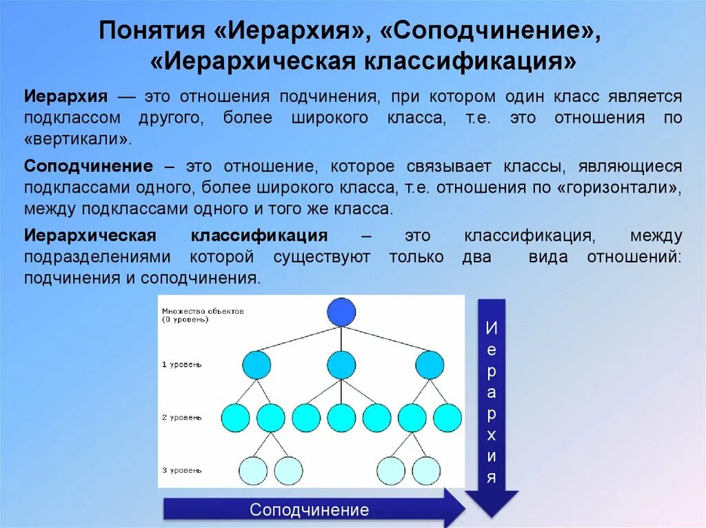 Иерархия понятий. Иерархия соподчинения. Иерархические отношения. Иерархическая соподчиненность.