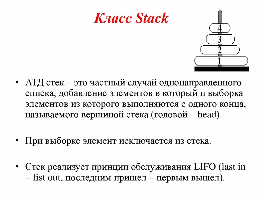 Как реализовать стек. Абстрактный Тип данных стек. Элементы стека. Выборка элемента из стека. Каково правило выборки элемента из стека?.