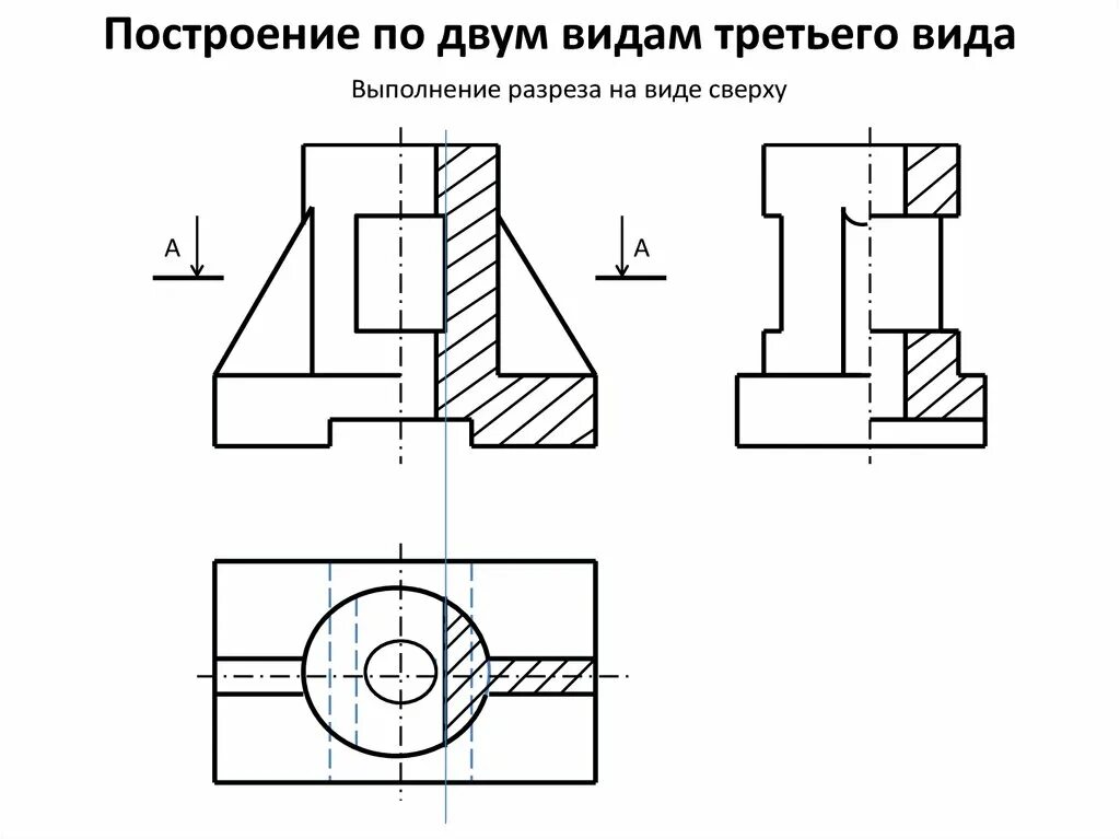 На рисунке показан чертеж. Построение трех видов разреза сечения. Разрез на виде сверху. Виды разрезов на чертежах. Построение третьего вида по двум.