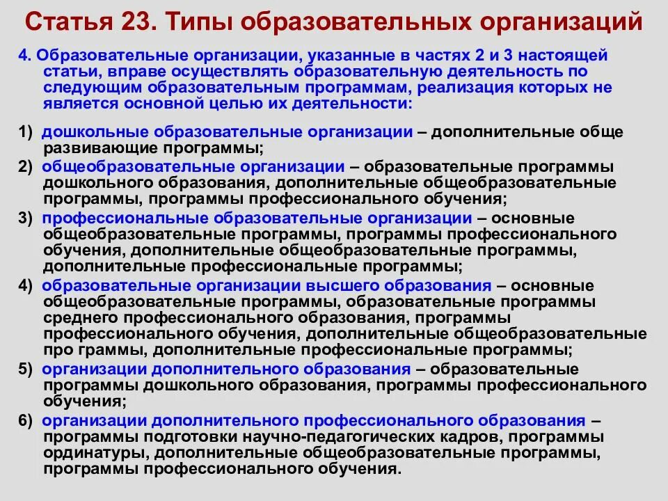 Согласно российскому законодательству организации. Закон РФ «об образовании в РФ». 2021. № 273-ФЗ «об образовании в Российской Федерации». Типы образовательных организаций. Образовательная организация это ФЗ.