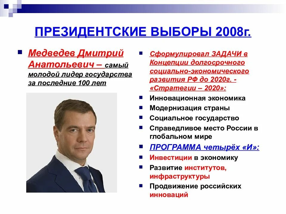 Информация о выборах президента россии. Медведев правление 2008. Д.А Медведева реформы 2008 2012 гг.