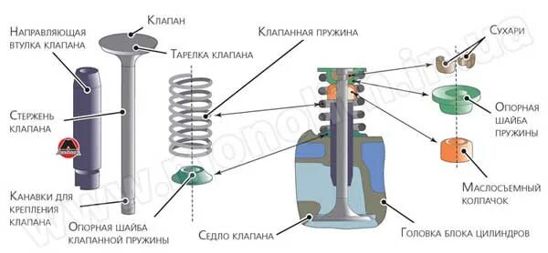 Детали клапанной группы ГРМ. Устройство клапанного механизма двигателя. Устройство клапана ГРМ. Устройство клапана ДВС. Как крепится клапан