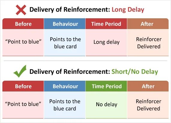 Without delay. Positive reinforcement on teaching. Withholding reinforcement examples. How long is delay.