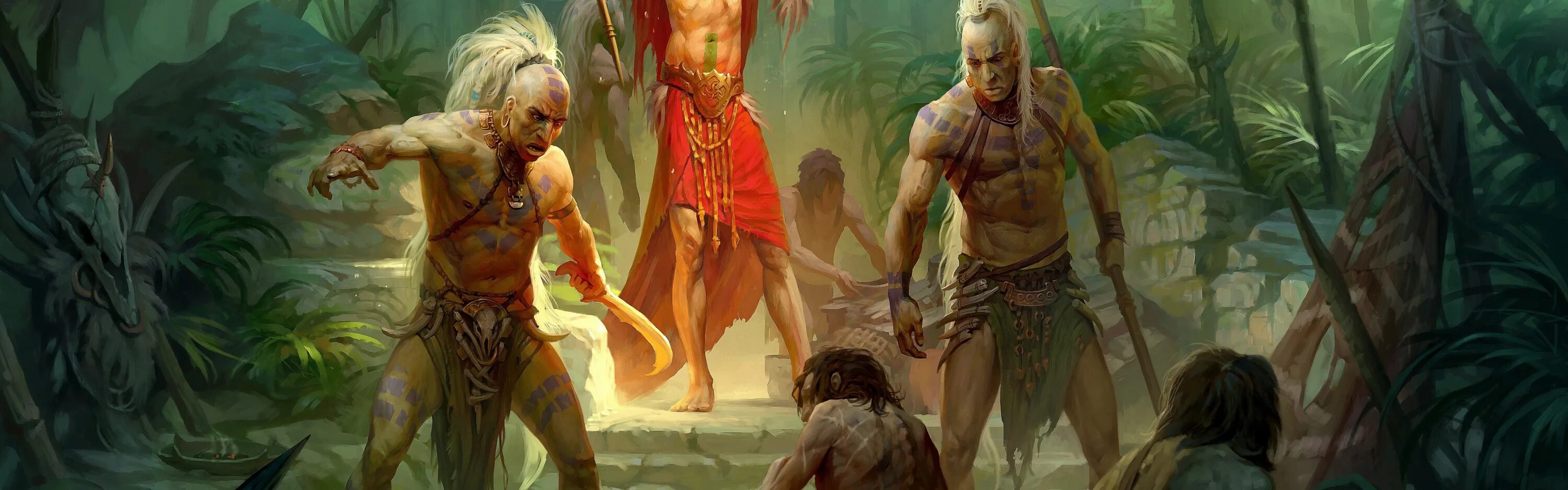 Варвар берсеркер арт. Девушка фэнтези арт. Костюм первобытного человека. Человек в джунглях. Сумерки.