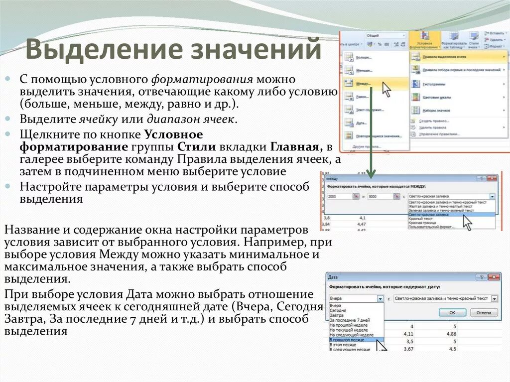 К ячейке таблицы можно применить. Условное форматирование. Способы условного форматирования. Условное форматирование в excel. Правила выделения ячеек.