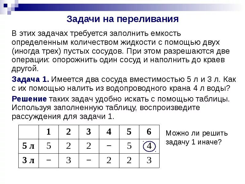 Решение логических задач на переливания методом бильярда