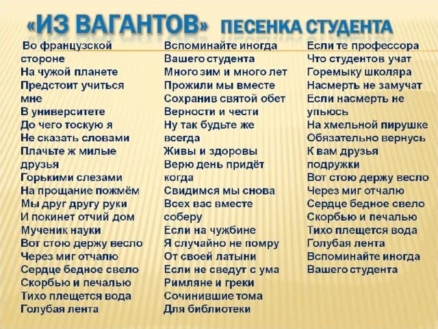 Где студент песня. Песенка студента во французской стороне текст. Во французской стороне на чужой планете текст. Песня из вагантов текст. Слова песни песенка студента.