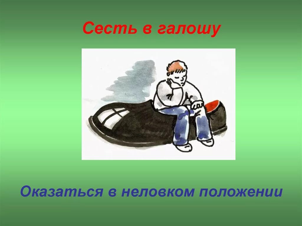 Что значит села. Сесть в калошу. Сесть в галошу фразеологизм. Фразеологизм сел в галошу. Иллюстрация к фразеологизму.