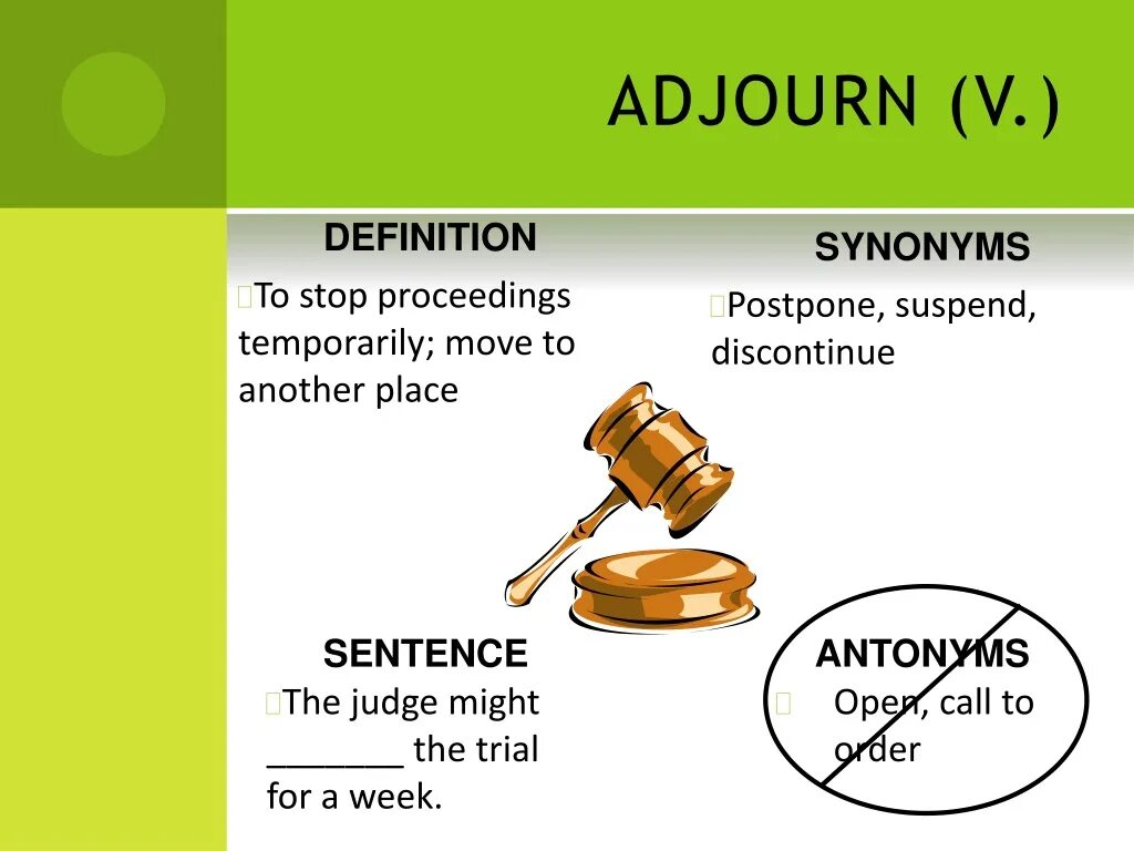 Adjourn. Adjourn и postpone. Предложения со словом postpone. Place синонимы.