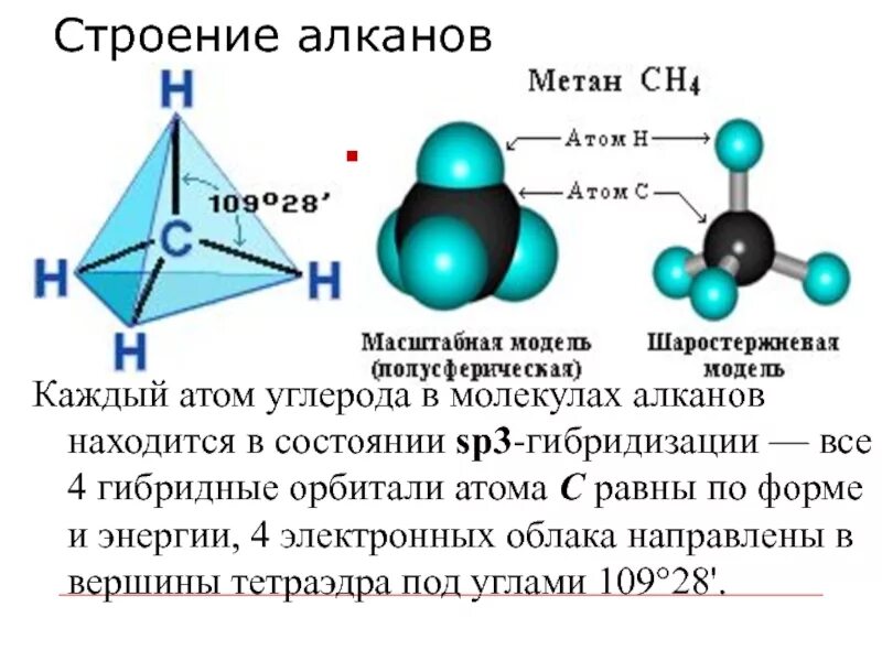 Какие атомы углерода sp3 гибридизации. Алканы тетраэдрическое строение. алканы строение молекулы. строение алканов sp3 гибридизация. электронное строение молекул алканов.