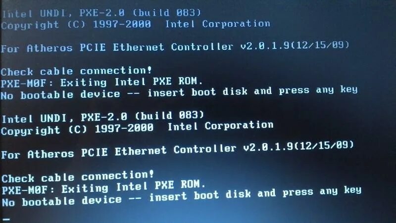 Ошибка на ноутбуке no Bootable device Insert Boot Disk and Press any Key. PXE. PXE Boot. PXE-MOF exiting PXE ROM на ноутбуке. No bootable system