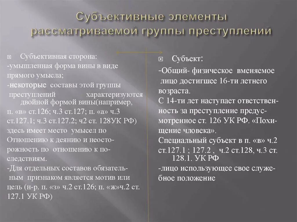 Группы преступлений. Ст 126 субъективная сторона. Виды преступлений против свободы чести и достоинства личности. 126 ук рф комментарий