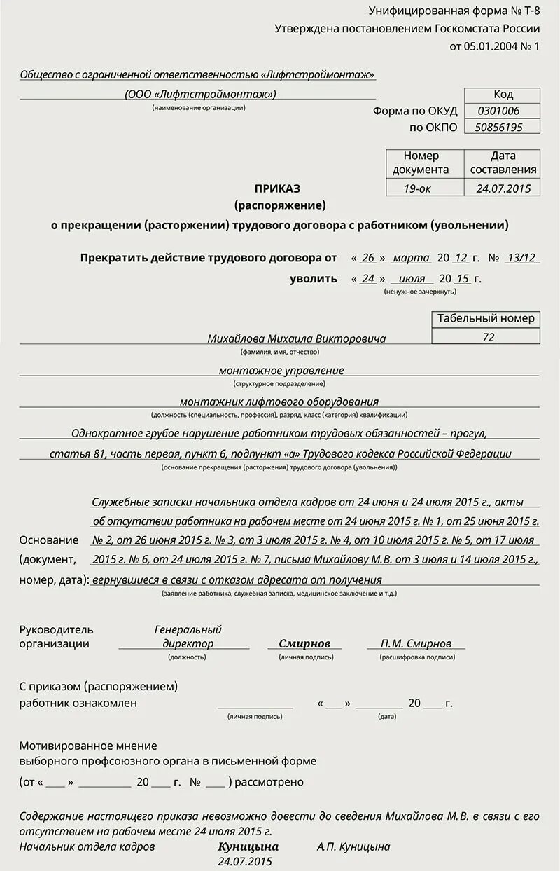 Приказа работодателя об увольнении работника. Приказ за увольнение за прогул образец. Приказ на сотрудника на увольнение по статье за прогул. Приказ об увольнении сотрудника за прогул. Приказ об увольнении за прогулы 2021 образец.