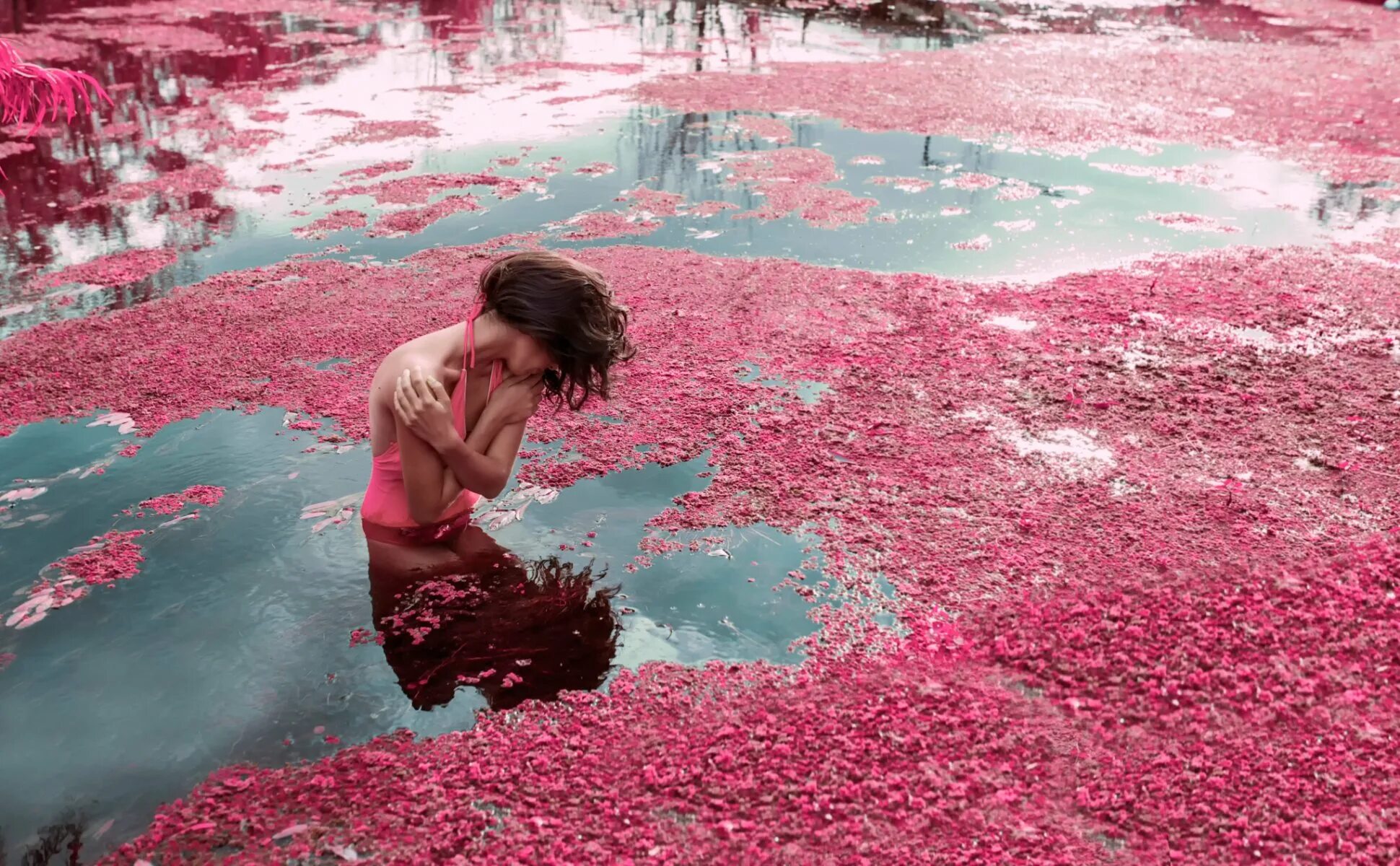 Бассейн с лепестками роз. Лепестки на воде. Фотосессия в воде с лепестками роз. Девушка купается в цветах.