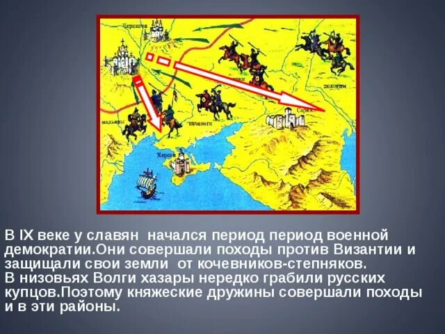 Военная демократия славян. Поход против кочевников. Поход против Купцов за добычей. Ходит в военные походы защищает князя.