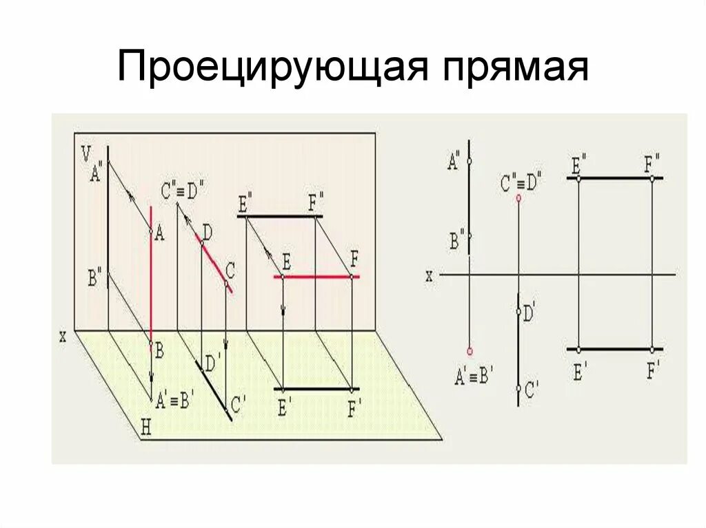 Проецировать это. Проецирующая прямая в начертательной геометрии. Горизонтально проецирующая прямая Начертательная геометрия. Чертеж горизонтально проецирующей прямой. Профильно проецирующие прямые Начертательная геометрия.