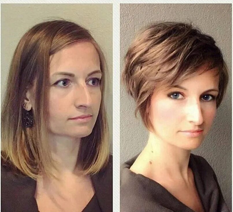 Модные стрижки женские до и после. Короткая стрижка с длинным носом. Короткие женские стрижки до и после. Прически на тонкие волосы.