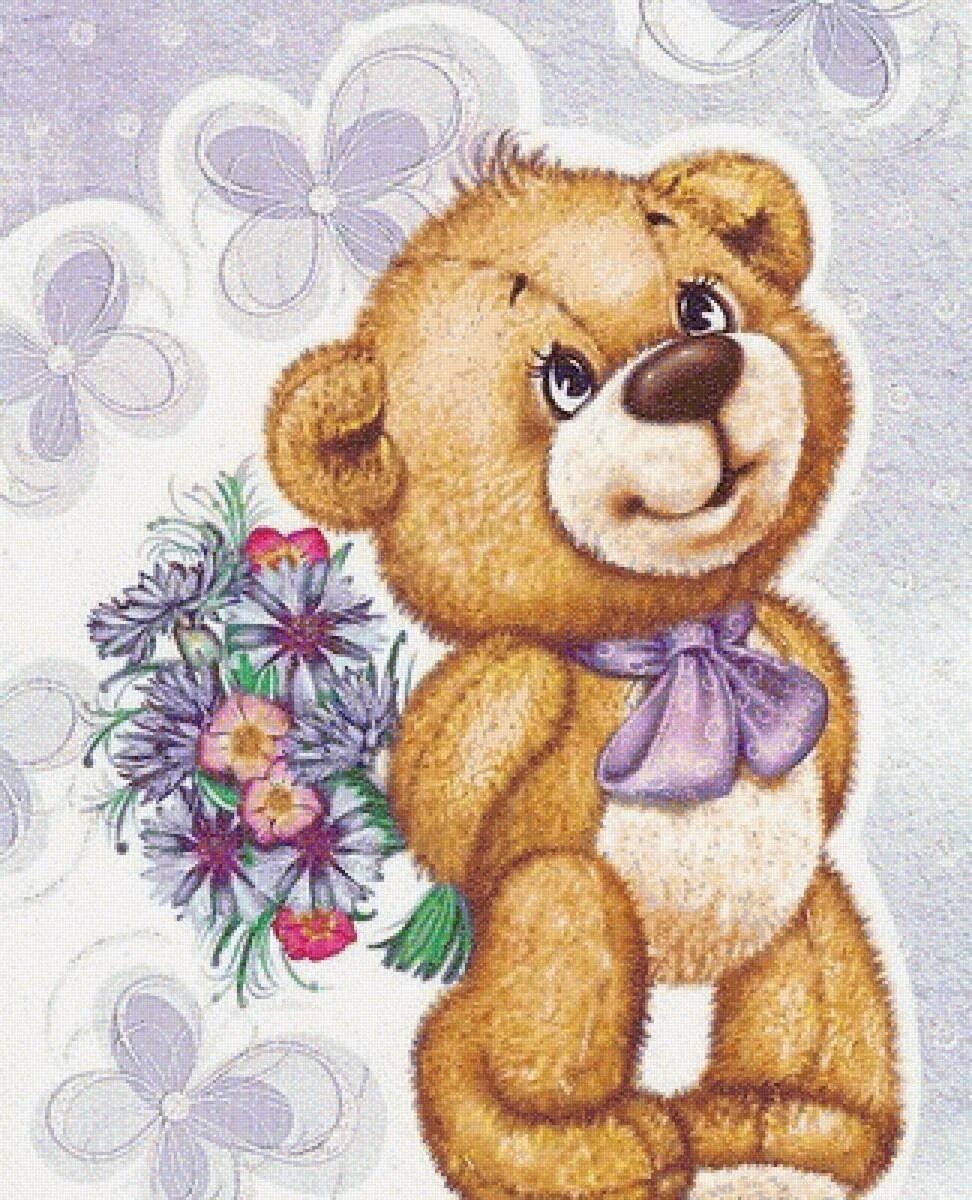 Медвежонок с цветами. Медвежонок с цветами рисунок. Открытки с мишками. Открытка с медвежонком. Открытка с днем рождения с медведем