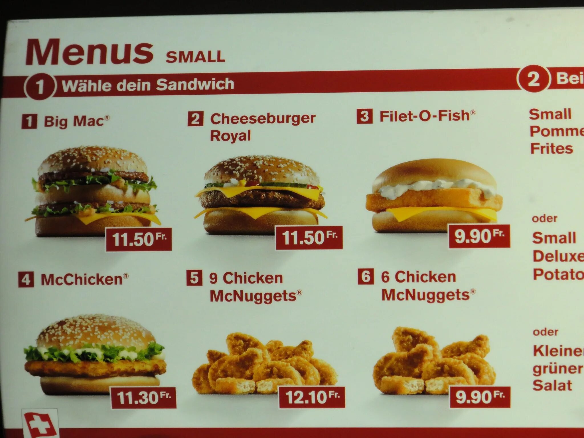Mcdonalds menu