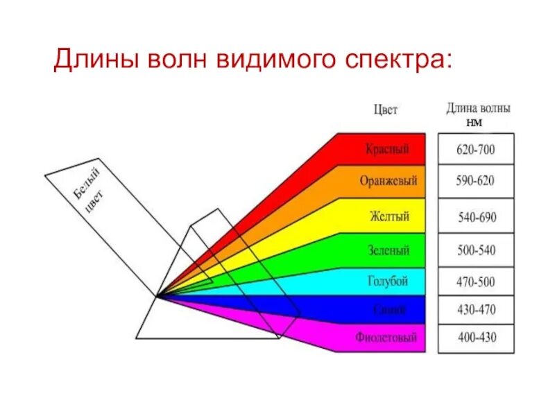 Какой физической характеристикой связано различие в цвете. Диапазон длин волн видимого света. Видимый спектр длины волн. Длина волны излучения в видимой части спектра. Диапазон частот видимого спектра.