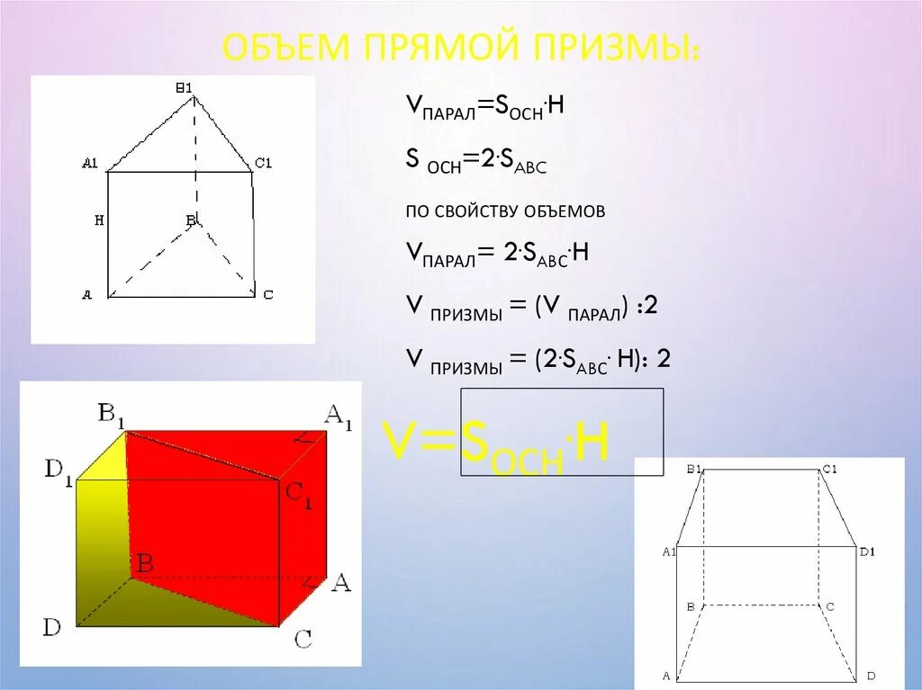 Объем прямой призмы равен произведению. Объем прямой Призмы. Объем прямой Призмы и цилиндра. Высота прямой Призмы. Формулы объема прямой и наклонной Призмы.