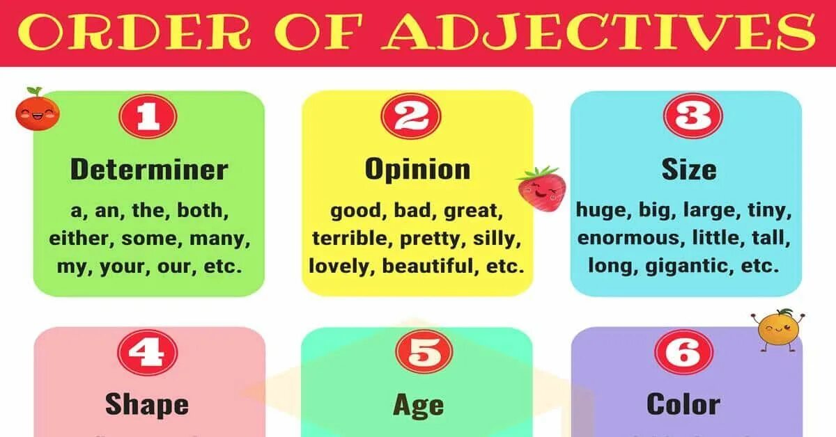 Order of adjectives. Order of adjectives in English. English adjective order. Right order of adjectives.