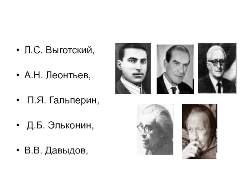 В запорожец д б эльконин. Л. С. Выготский, а. н. Леонтьев, п. я. Гальперин. Леонтьев, а.р. Лурия, л.с. Выготский, с.л. Рубинштейн. Выготский Леонтьев Давыдов Эльконин. А.Н.Леонтьевым, д.б.Элькониным, в.в.Давыдовым.