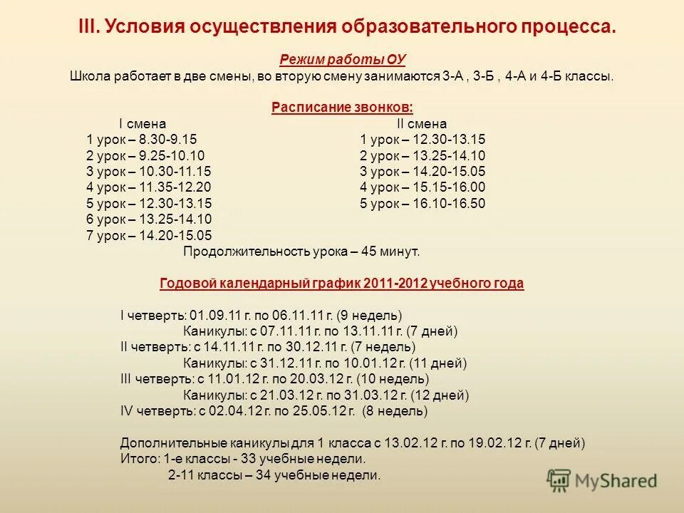 Расписание звонков второй смены