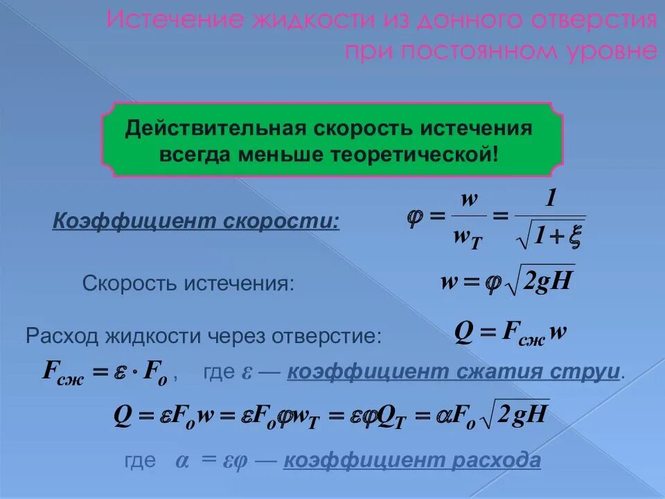 Коэффициент скорости формула. Коэффициент скорости струи. Коэффициент скорости при истечении. Действительная скорость. Истечение жидкости из донного отверстия при постоянном уровне.