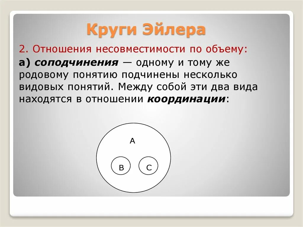 По отношению к определенному кругу. Круги Эйлера. Отношение несовместимости круги Эйлера. Круги Эйлера логика. Отношение подчинения в кругах Эйлера.