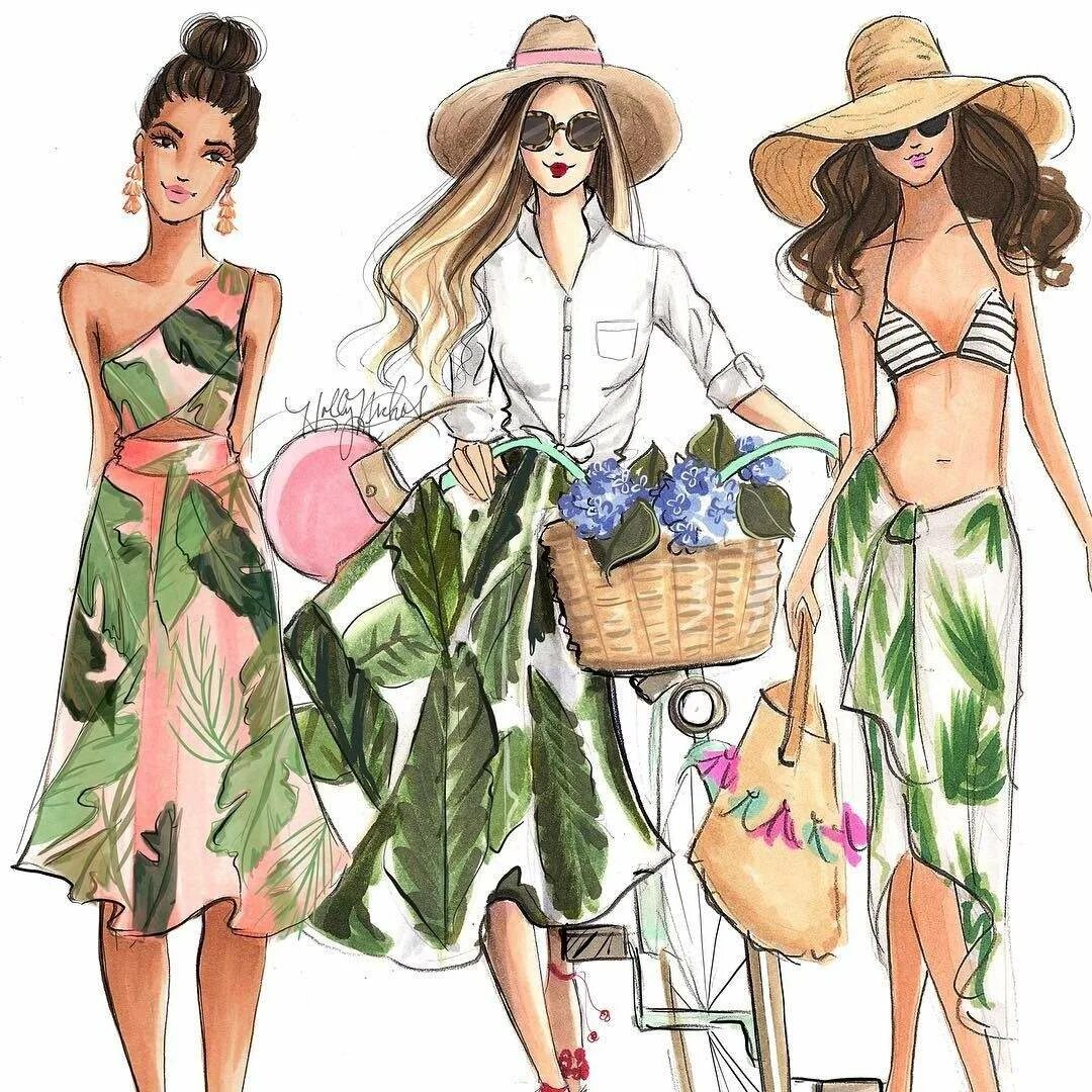 Три образа. Холли Николс @hnicholsillustration. Холли Николс иллюстрации. Holly Nichols Fashion иллюстрации. Эскизы летней одежды для девушек.