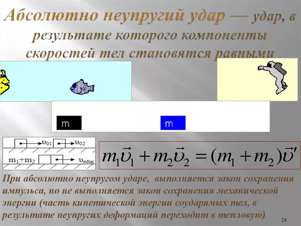 Неупругое столкновение тел. Закон сохранения импульса для абсолютно неупругого удара. При абсолютно неупругом ударе выполняется закон сохранения импульса. Закон сохранения импульса при неупругом ударе. Импульс тела при абсолютно неупругом ударе.