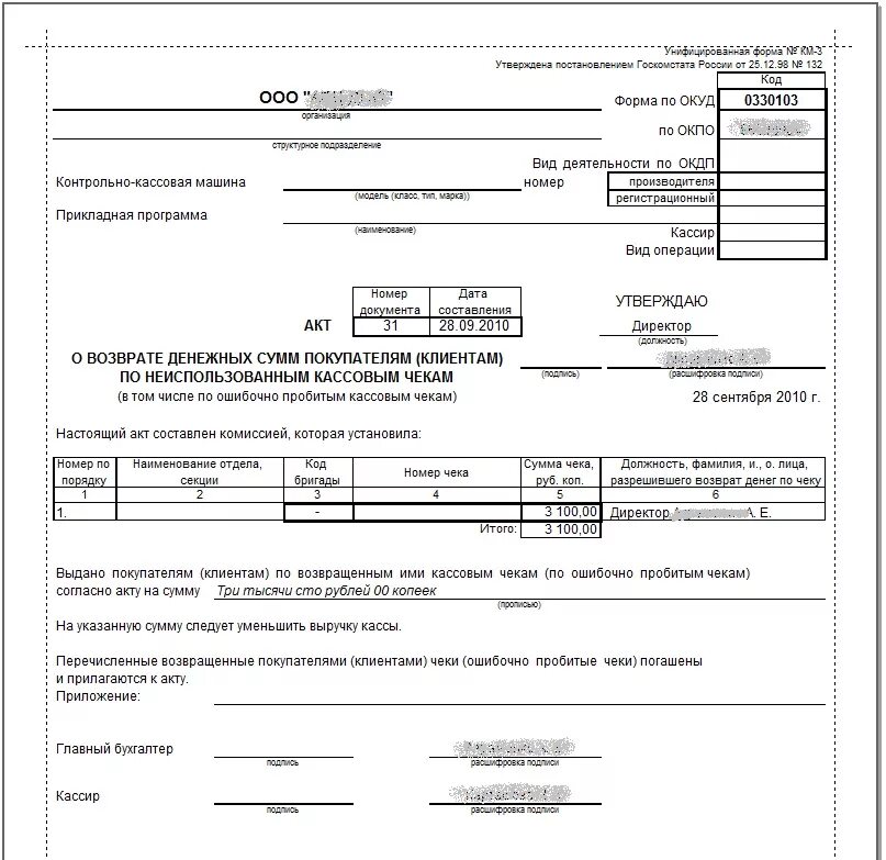 Ооо денежные возвраты. Акт формы км-3 о возврате денежных средств. Акт по форме км-3 на возврат денежных средств. Акт км-3 образец заполнения. Акт возврата денежных средств по кассе бланк.