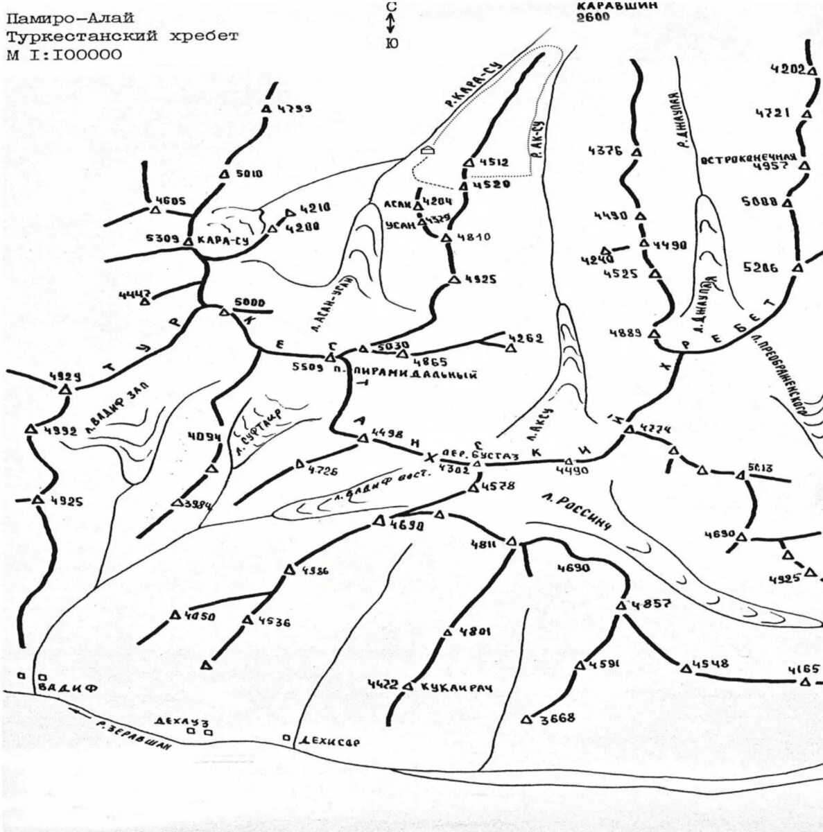 Карта горного массива. Ущелье Каравшин. Туркестанский хребет на карте. Памиро-Алай хребет на карте.