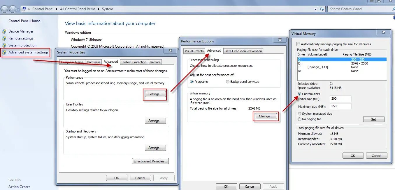 Page file. Paging file size. paging file. system ‐&gt; advanced system settings ‐&gt; performance ‐&gt; advanced ‐&gt; visual memory ‐&gt; change ‐&gt; custom size. disk file size manager.