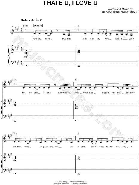 Hate me tab. Ноты hate me. olivia o&#039;brien и gnash. ноты i hate u i love u. ноты песни i hate you i love you для фортепиано.