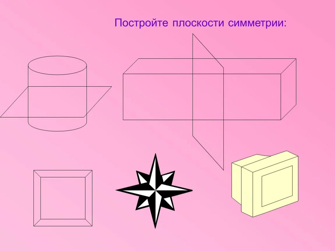 Через тело можно провести одну плоскость симметрии. Начертить плоскости симметрии. Симметрия в геометрии. Центральная симметрия Куба. Рисунок на плоскости.